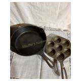 cast-iron fry pan 9 3/4" dia, cornbread pan 7ï¿½ dia