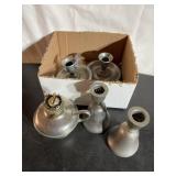 Pewter , candlestick holders, kerosene lamp