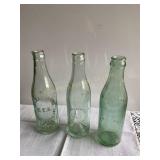 3 Green glass soda bottles, 7.5 oz.  CE Hammond,