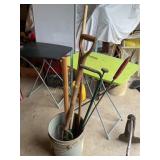 Misc bucket of tools-axe, fork, sledge hammer,