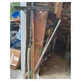 Misc bucket of tools- shovel, axe, fork, edger,