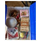 Misc lot basket, wood game pcs, decanter, etc in