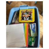 Misc lot office supplies, glassware etc in tote