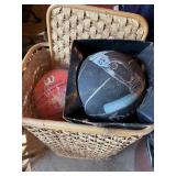 Woven basket w/lid & contents, basketballs,