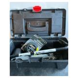 Blk plastic toolbox w/ tape measure, add wrench,