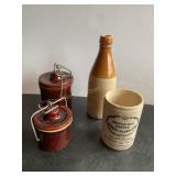 Misc stoneware- cheese crocks, bottle, James