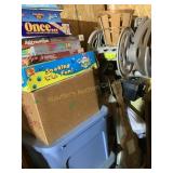 Misc. lot - totes w/contents, games, hose reel,