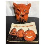 Vtg paper mï¿½chï¿½ Halloween cat, magic pumpkin book