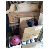 Misc lot, bowling balls, cabinet,  etc (NO SHIP)