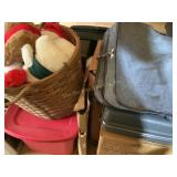 Misc. lot- suitcases, basket of plush animals,