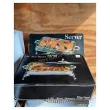 Mikasa Glass divided relish dish 14"d, 2 silver