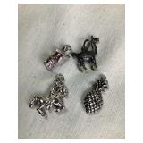 4 bracelet charms, Sterling?, largest is .75"H