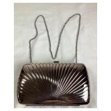 Silver tone metal clutch hand bag w/cloth bag,