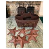 Primitive decor- baskets, 6 metal stars, largest