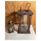 2 candle lanterns 10.5 tallest wood & brass