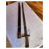 Sword bayonet brass handle, leather scabbard