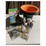 Misc pond fountain kit, deck rail planters,  p