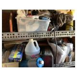 Contents of 2 shelves- rope, bags, tools, tape,