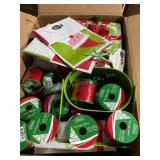 Misc Christmas items, ribbon, ceramic canister,