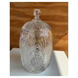 Pressed glass biscuit barrel 10" tall
