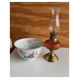 Kerosene lamp, Avon 1981 bowl, lamp is 9 1/2" tall