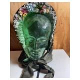 Green glass mannequin head w/ bonnet 10" tall