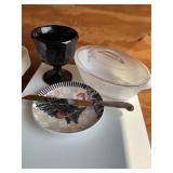 Misc glassware, plate, cake knife, casserole