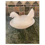 Milk glass hen on nest, 7"W