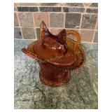 Vtg. Carnival glass hen on nest, with handles,