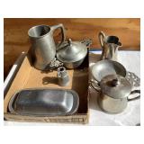 Misc. pewter pieces, mug, butter dish, pitcher,