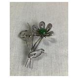 Sterling Sorrento jade flower brooch, 2"H, .28 oz.