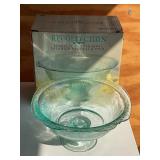 Indiana glass teal pedestal bowl w/orig. box