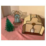 2 Stained glass pieces & glass tree, church