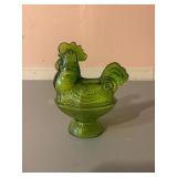 Green glass hen on a nest 7"h