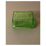 Green Vaseline glass butter dish (small chip on
