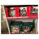 5 lighted village houses, hardware store,