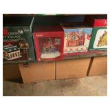 Shelf, contents 4 lighted houses bank, tavern,