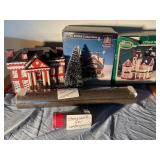 Christmas houses, some lighted, stonework for