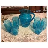 Vtg. Blue glass. Pitcher  8" & 6 glasses 6ï¿½