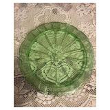 Green glass footed cake plate 10"d