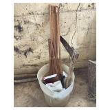Misc. bucket- dowel rods, clamps, wire