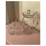 Glass pitcher w/lid, 10" & 6 glasses