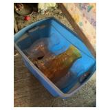 Plastic tote w/ 4 glass globes & wood stands,