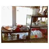 2 plastic shelves with contents-glassware,