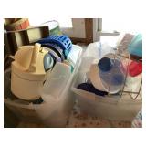 2 plastic totes w/contents-plasticware, etc.