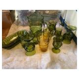 13 pc green & yellow glassware