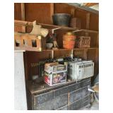 Contents of cabinet and 2 shelves, ratchet