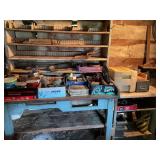 Table shelves stand with contents, glass,