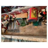 Misc shelf contents, tin, holiday decor, ect