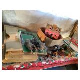 Wood and plastic train set,wood train table,etc.